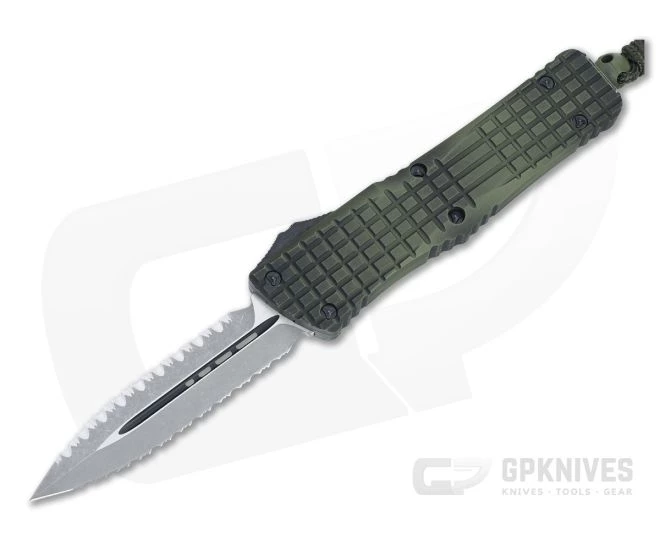 Microtech Combat Troodon D/E Frag Off Apocalyptic Double Reverse Full Serrated Green OTF Automatic Knife 142-DR12APFOGG 1 Microtech Combat Troodon D/E Frag Off Apocalyptic Double Reverse Full Serrated Green OTF Automatic Knife 142-DR12APFOGG
