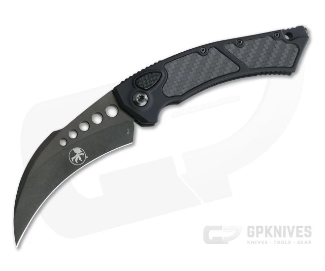 Microtech Hawk Automatic Karambit Signature Black DLC 204P Carbon Fiber Aluminum Folder 166-1DLCTCFIS 1 Microtech Hawk Automatic Karambit Signature Black DLC 204P Carbon Fiber Aluminum Folder 166-1DLCTCFIS
