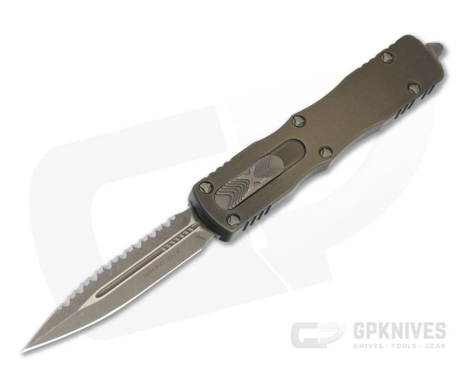 Microtech Signature Dirac D/E Antique Bronze Apocalyptic Full Serrated M390 OTF Automatic 225-15APABS 1 Microtech Signature Dirac D/E Antique Bronze Apocalyptic Full Serrated M390 OTF Automatic 225-15APABS