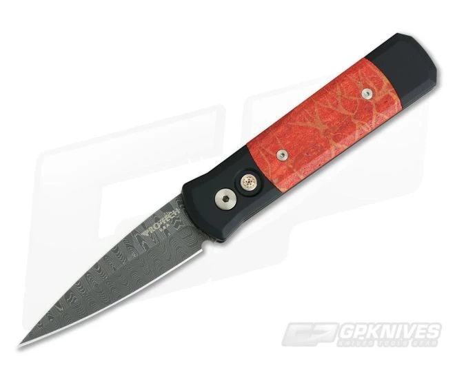 Protech Knives Godson Custom Automatic Nichols Damascus Red Apple Coral Inlays 750-RAC 1 Protech Knives Godson Custom Automatic Nichols Damascus Red Apple Coral Inlays 750-RAC