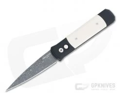 Protech Godfather Tuxedo Ivory Micarta Spirograph Stainless Damascus Black Automatic Folder TD