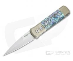 Protech Godson Titanium Custom Automatic Satin Blade Bronze Anodized Frame Mosaic Abalone Inlays