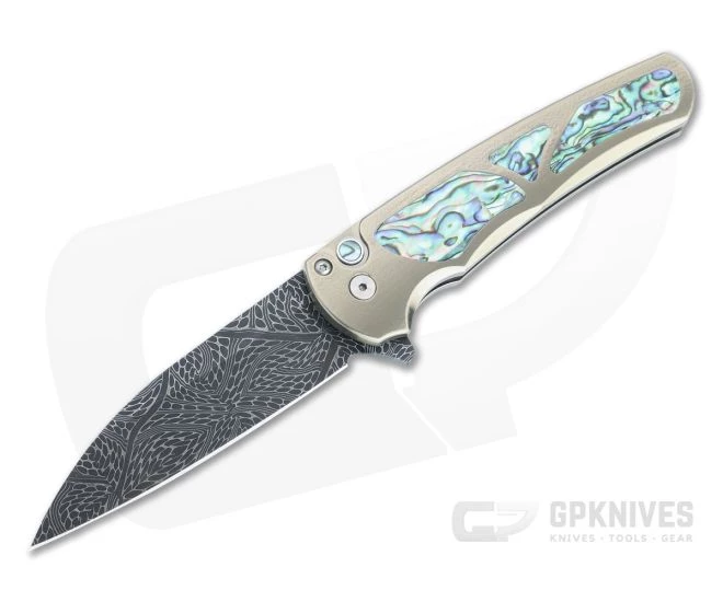 Protech Malibu Custom Wharncliffe Mosaic Damascus Abalone Inlaid Bronze 3D Titanium Flipper 1 Protech Malibu Custom Wharncliffe Mosaic Damascus Abalone Inlaid Bronze 3D Titanium Flipper