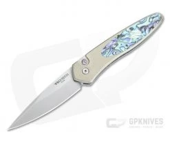 Protech Newport Custom Satin S35VN Bronze Orange Peel Abalone Inlaid Titanium Automatic NP-A-01