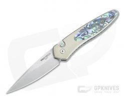 Protech Newport Custom Satin S35VN Bronze Orange Peel Abalone Inlaid Titanium Automatic NP-A