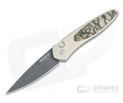 Protech Newport Custom Nichols Damascus Two-Tone Bronze Tiger Coral Inlaid Titanium Automatic NP-C-01
