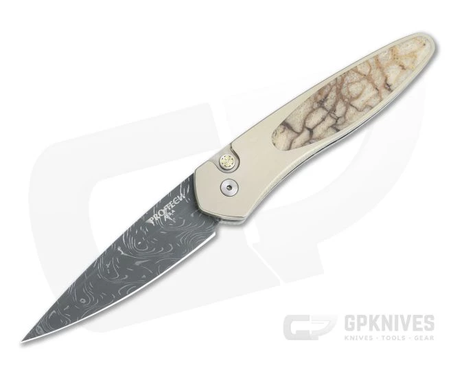 Protech Newport Custom Nichols Damascus Two-Tone Bronze Tiger Coral Inlaid Titanium Automatic NP-C 1 Protech Newport Custom Nichols Damascus Two-Tone Bronze Tiger Coral Inlaid Titanium Automatic NP-C